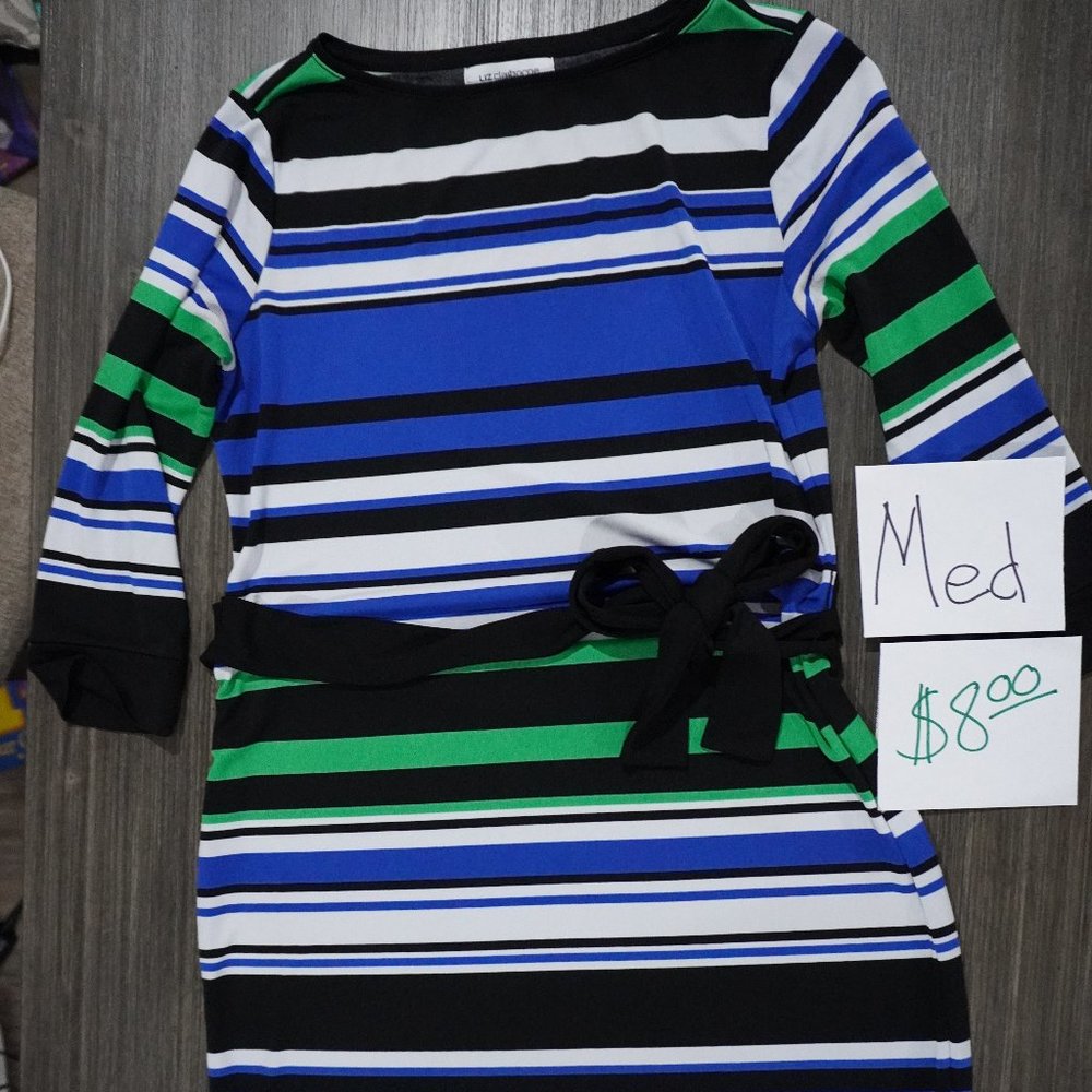 Beautiful Bight Striped Liz Claiborne Dress with Waist Cinch Tie, Size M…